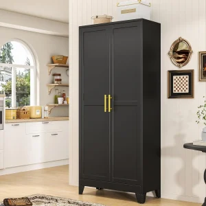 71" Tall Metal Pantry Storage Cabinet with Doors and 4 Adjustable Shelves, White Kitchen Food Pantry Cabinets, Tall, Customized