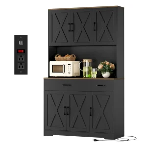 71 Inch Tall Pantry Cabinet with Charging Station Farmhouse Style Kitchen Storage with Microwave Stand Customizable Organization