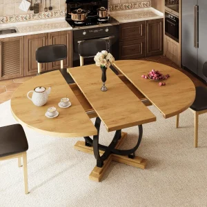 59'' Extendable Round Dining Table for 4 to 6, Kitchen Table with Sturdy X-Base Metal Legs, MDF Board with, Customized