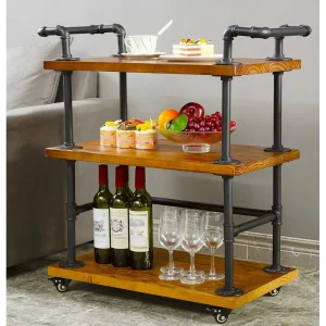 Industrial Pipe Bar Carts/Serving Carts/Kitchen Carts/Wine Rack Carts on Wheels with Shelves - Wood Rolling Carts - Wine Tea Liq